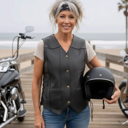 Hot Leathers VSL1008 Ladies Black Motorcycle 'Ten Pocket' Leather Biker Vest