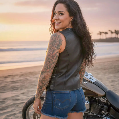 Hot Leathers VSL1009 Ladies Black Lambskin Motorcycle Biker Vest with Grommet Accents