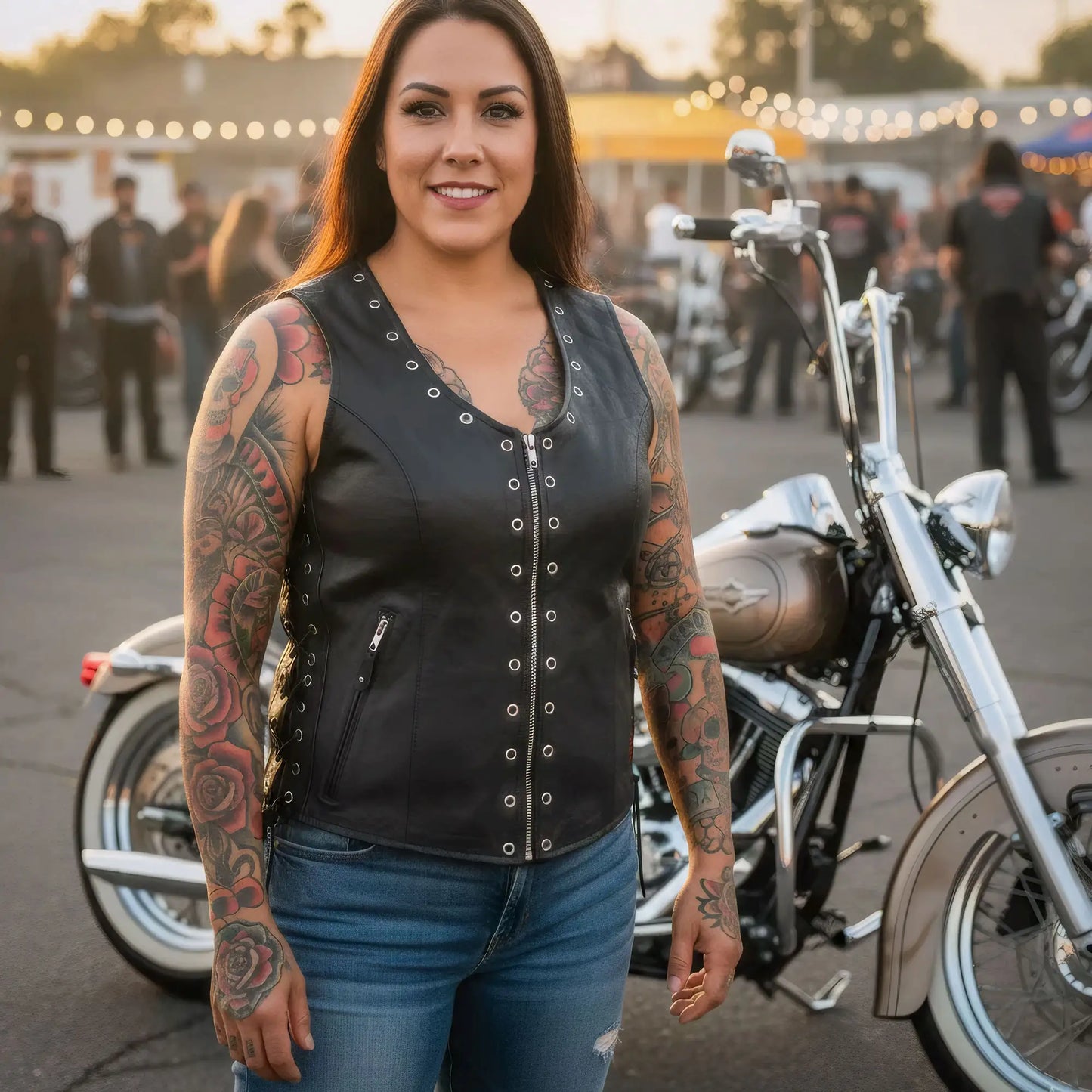 Hot Leathers VSL1009 Ladies Black Lambskin Motorcycle Biker Vest with Grommet Accents