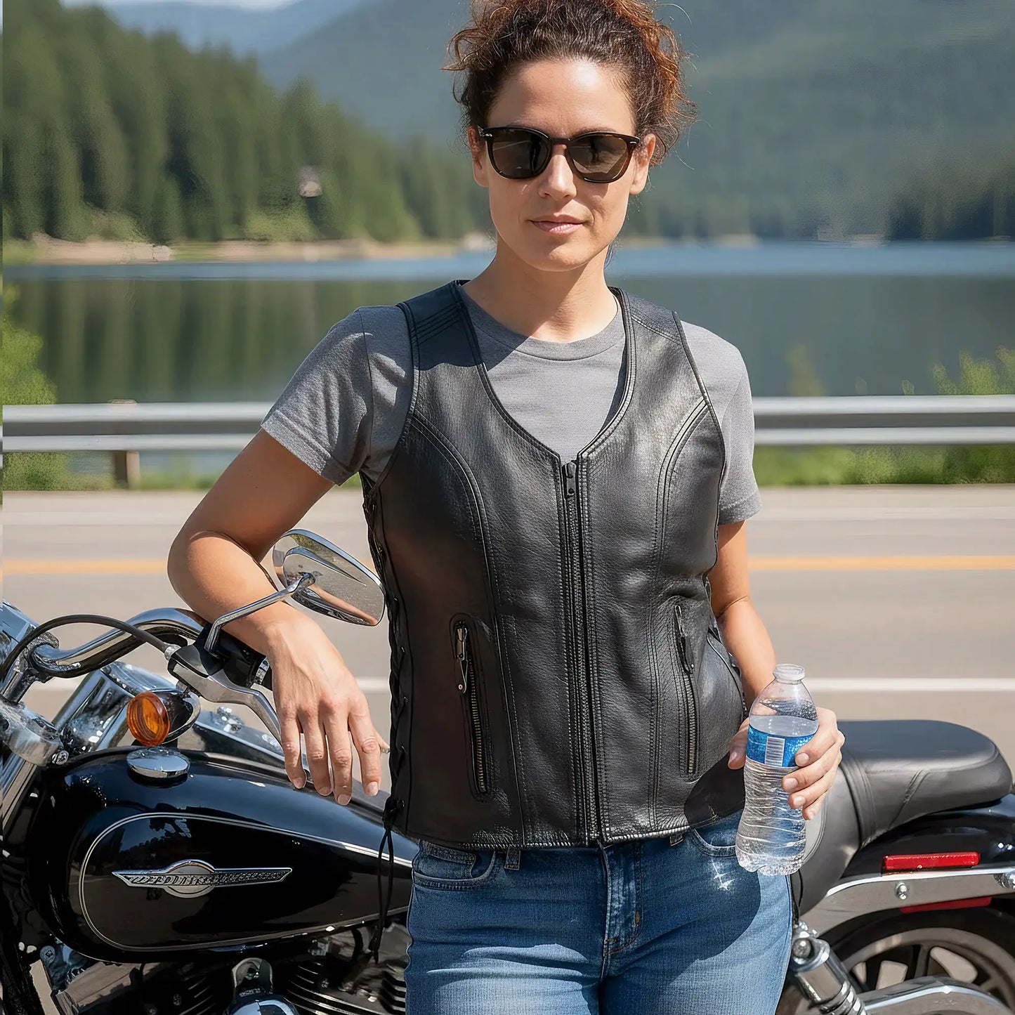 Hot Leathers VSL1013 Ladies motorcycle style Black Leather Side Lace Zip-Up Biker Vest