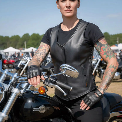 Hot Leathers VSL2001 Ladies Black motorcycle style 'Fleur De Lis Cross' Leather Biker Vest