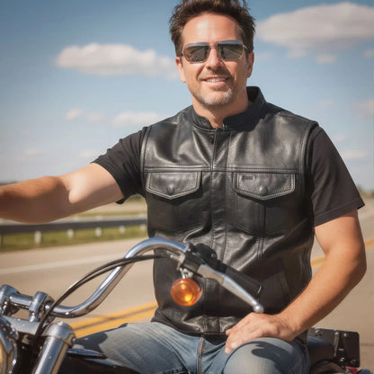 Hot Leathers Men's Motorcycle Black '10 Pocket' Club style Cowhide Leather Biker Vest VSM1018