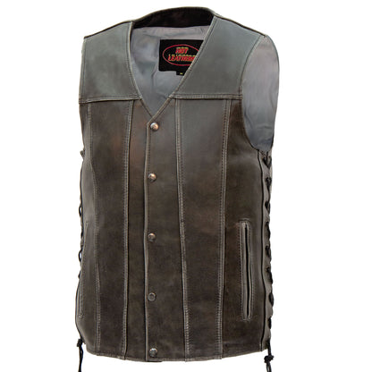 Hot Leathers VSM1041 Men's Motorcycle style Rub-Off Grey 'Side Lace' Leather Biker Vest