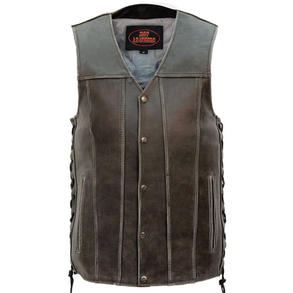 Hot Leathers VSM1041 Men's Motorcycle style Rub-Off Grey 'Side Lace' Leather Biker Vest