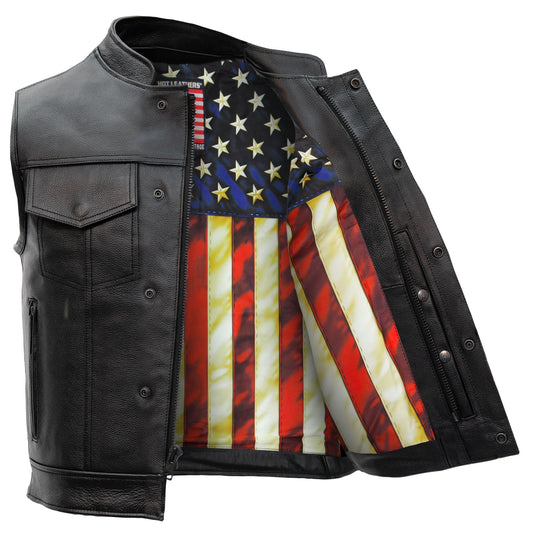 Hot Leathers VSM1056 Men's Black 'Vintage USA Flag' Motorcycle Club Style Conceal and Carry Leather Biker Vest
