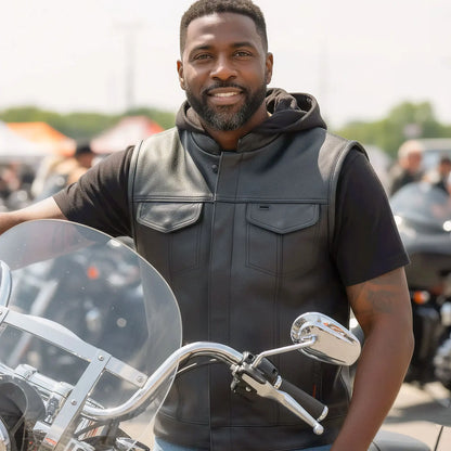 Hot Leathers Leather Motorcycle Biker Club Vest with Hood