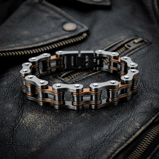 SK1184 Gunmetal & Beryllium Orange Bike Chain Bracelet - 3/4" Wide