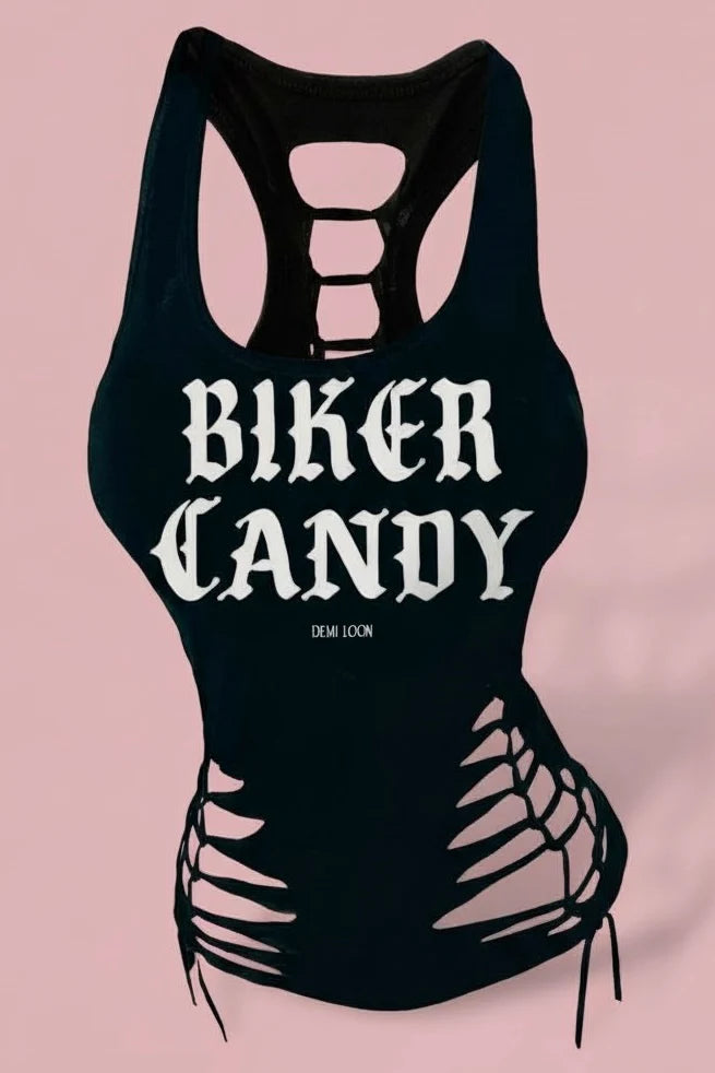 Slashed Biker Racerback Tanks | Biker Candy Tank by Demi Loon