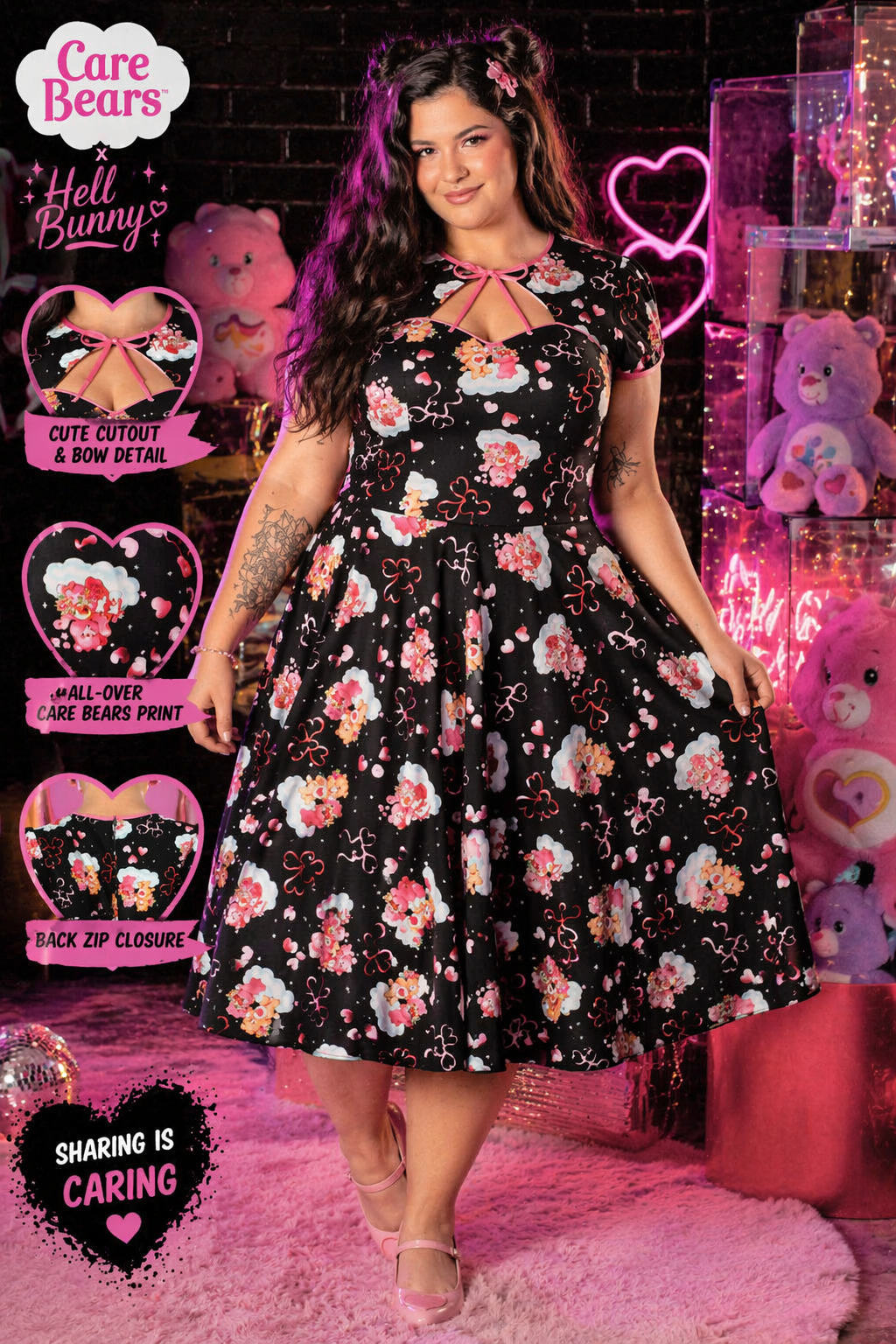 Tenderheart Care Bears Fit & Flare Dress – Hell Bunny Black Heart Cutout Retro Dress