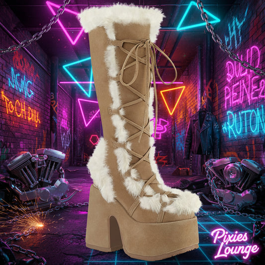 Pleaser Demonia Cubby-311 Platform Fur Knee High Boots