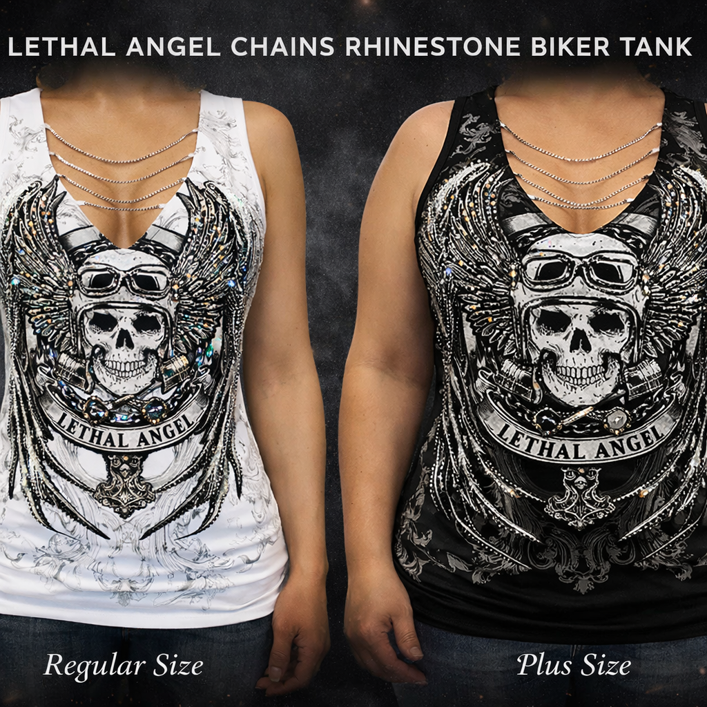Platinum Plush Lethal Angel in Chains Rhinestone Skull Biker Top