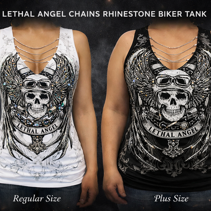 Platinum Plush Lethal Angel in Chains Rhinestone Skull Biker Top