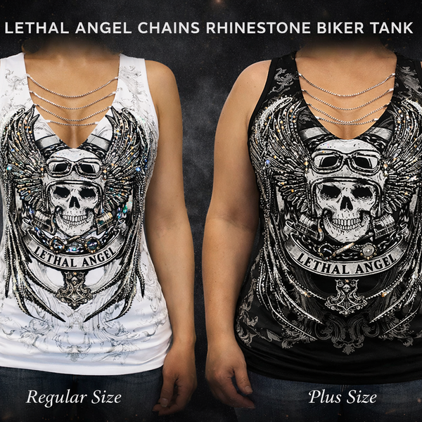 Platinum Plush Lethal Angel in Chains Rhinestone Skull Biker Top