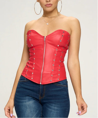 Rebel Rivet Zip Faux Leather Corset Top