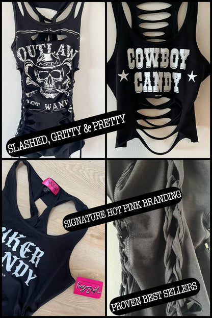 Outlaw Wild Blood Longhorn Skull Cowgirl Biker Slashed Tank