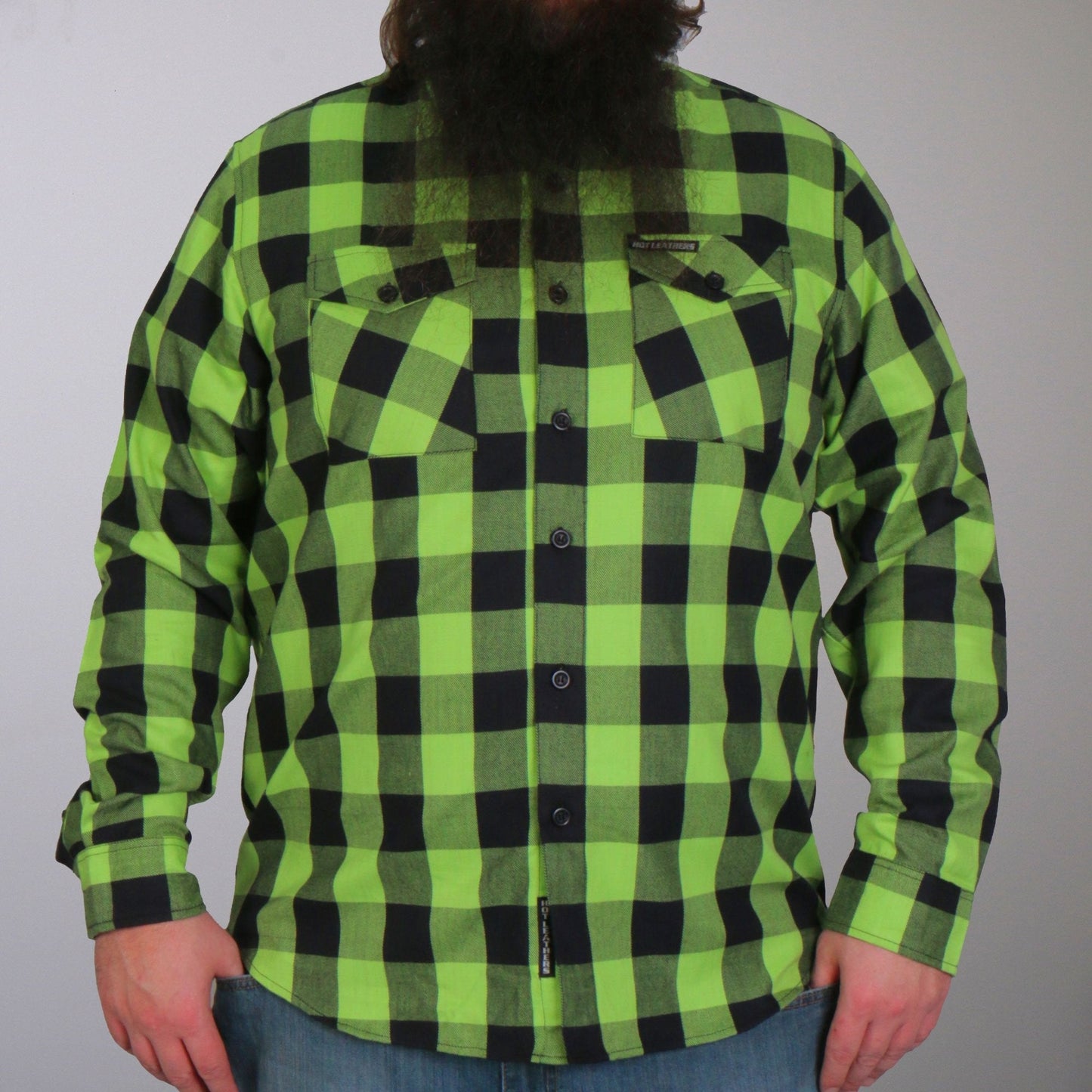 Hot Leathers Men's 'Black Crest' Black/Green Cotton Flannel Shirt - Button Front - Riding/Casual/ Work Wear - FLM2005