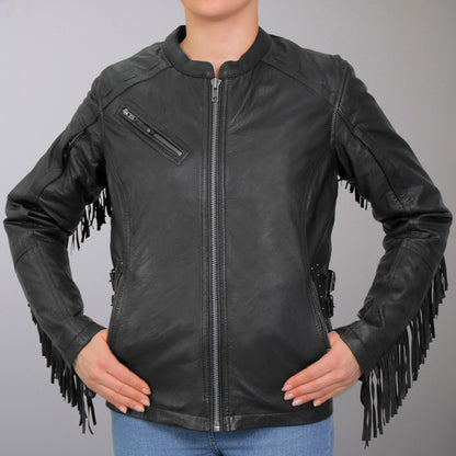 Hot Leathers JKL1028 Studs and Fringe Ladies Black Motorcycle style Carry Conceal Leather Biker Jacket