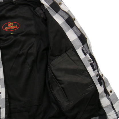 Hot Leathers Men's 'Death March' White/Black Cotton Flannel Shirt - Button Front - Riding Protective Wear - JKM3006