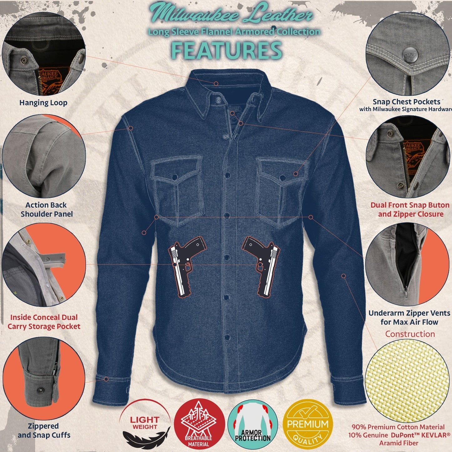 Milwaukee Leather Men's Firestorm Multi/Color CE Armored Flannel Shirt with Aramid Reinforced Zones - MPM1641