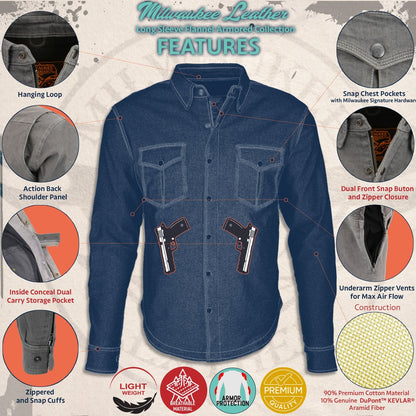 Milwaukee Leather Men's Hoya Black/Gray CE Armored Flannel Shirt with Aramid Reinforced Zones - MPM1630