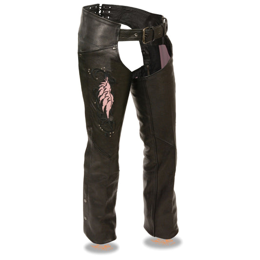 Milwaukee Leather Women's Classic Black Premium Leather Motorcycle Chaps w/ Pink Wing Embroidery-ML1179