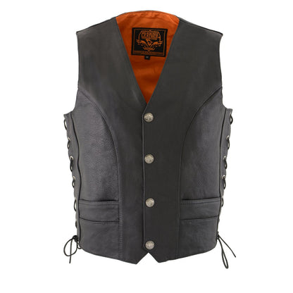 Milwaukee Leather ML1369 Men's Black Premium Leather Side Lace Motorcycle Rider Vest w/ Buffalo Nickel Snaps Closure