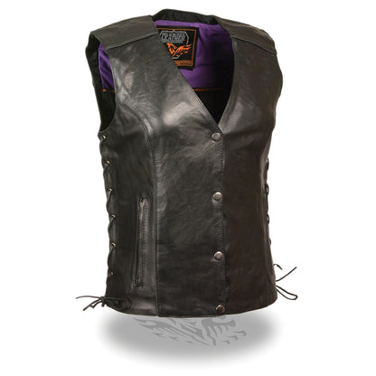 Milwaukee Leather MLL4505 Women's Black Leather Side Lace Motorcycle Rider Vest-Reflective and Studded Purple Wings