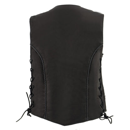 Milwaukee Leather MLL4560 Women's Black Premium Leather Classic Braided Side Lace Deep V-Neck Motorcycle Rider Vest