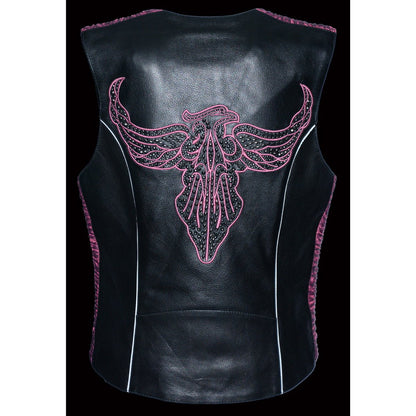 Milwaukee Leather MLL4570 Women's Studded Phoenix Black/Fuchsia Leather Motorcycle Vest w/ Embroidery Art