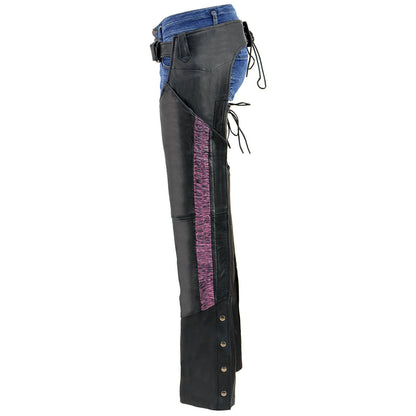 Milwaukee Leather Chaps for Women Black Lightweight Goat Skin- Crinkled Stripes Reflective Motorcycle Chap- MLL6501