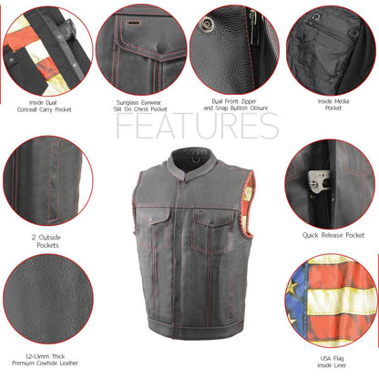 Milwaukee Leather MLM3506 Men's Black Premium Leather Vest - Old Glory Laced Armholes Red Stitching Club Style Vest