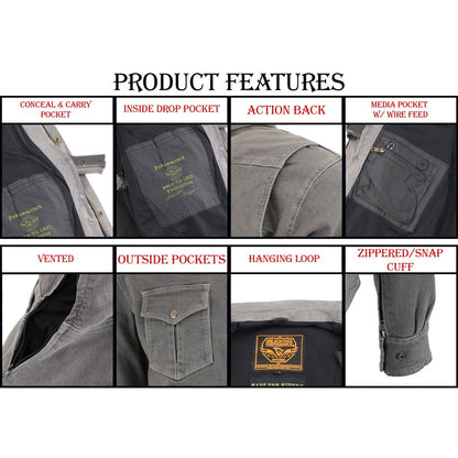 Milwaukee Leather Men's Pitfall Gray CE Armored Flannel Shirt with Aramid Reinforced Zones - MPM1621