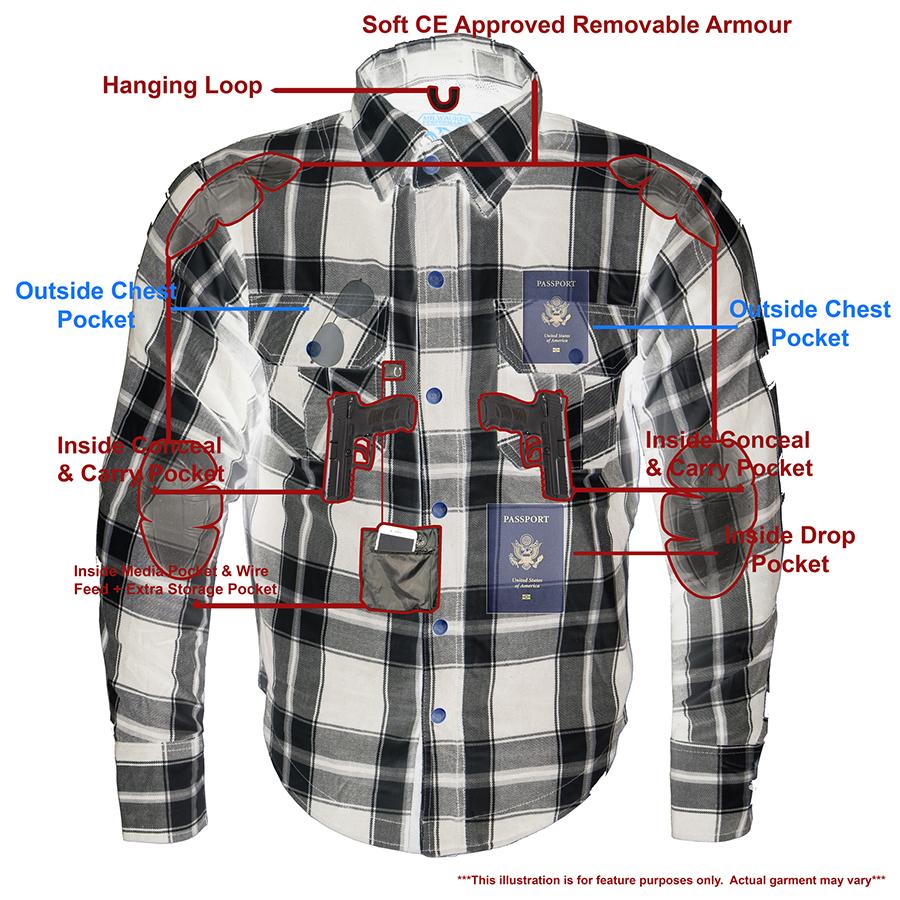 Milwaukee Leather Men's Spartan Black/White CE Armored Flannel Shirt with Aramid Reinforced Zones - MPM1644