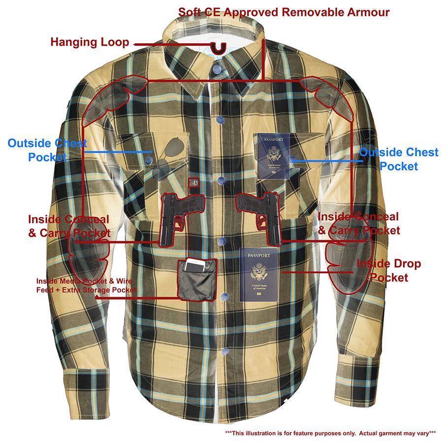 Milwaukee Leather Men's Blue Ray Multi/Color CE Armored Flannel Shirt with Aramid Reinforced Zones - MPM1645