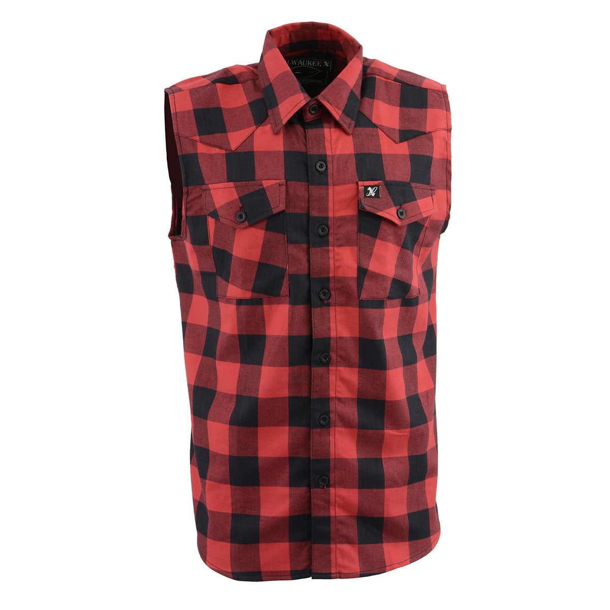Milwaukee Leather Men's 'Open Road - Red Riot' Black/Red Sleeveless Flannel - Cotton Button Up Shirt - MPM1649