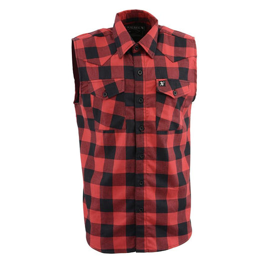 Milwaukee Leather Men's 'Open Road - Red Riot' Black/Red Sleeveless Flannel - Cotton Button Up Shirt - MPM1649