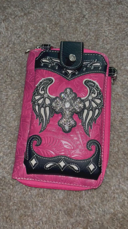 Angel Wings Rhinestone Cross Phone Wallet Crossbody | Western Biker Organizer