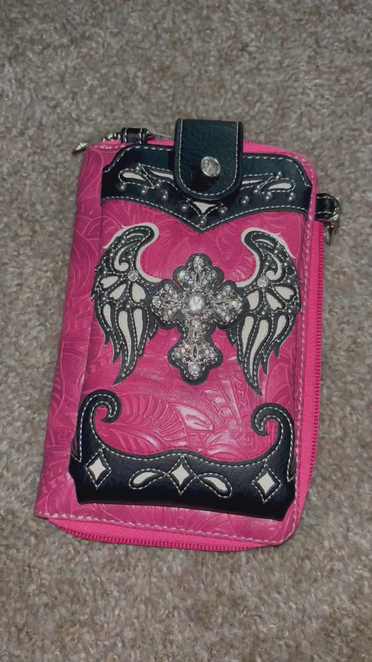 Angel Wings Rhinestone Cross Phone Wallet Crossbody | Western Biker Organizer