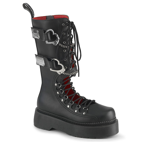 Demonia Rebel Platform Knee-High Boots – Black Gothic Chain & Heart Buckle Combat Boots REBEL-100