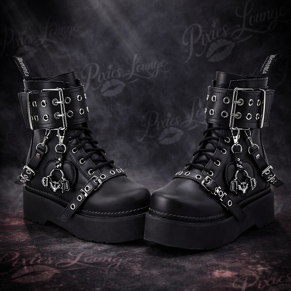 Demonia Rebel-52 Harness Charm Platform Combat Boot