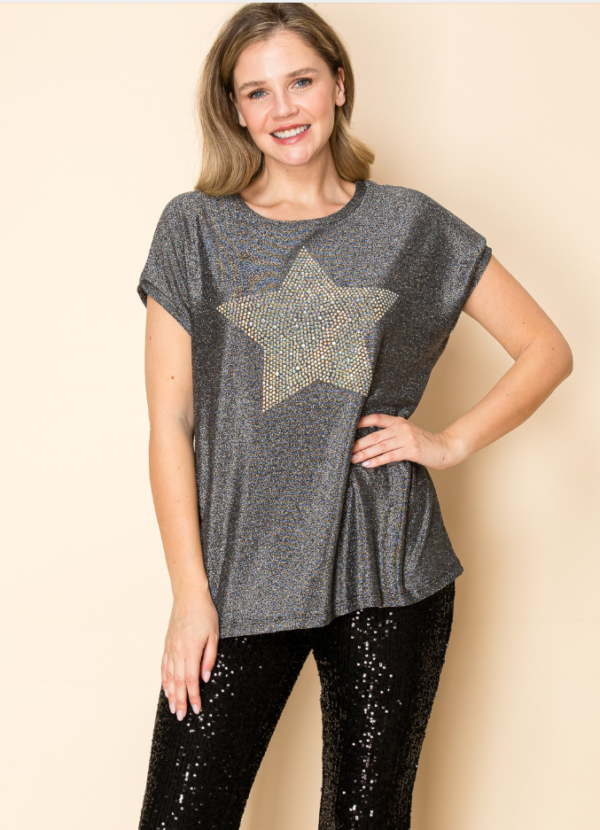 Vocal “Shine Bright” Rhinestone Star Shimmer Top