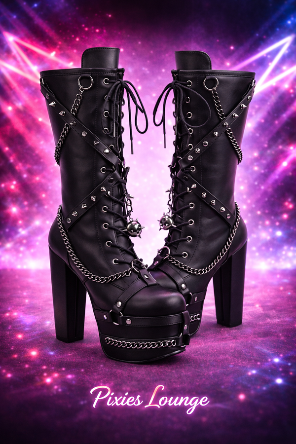 Demonia Torment 156 Studded Chain Platform Knee-High Boots