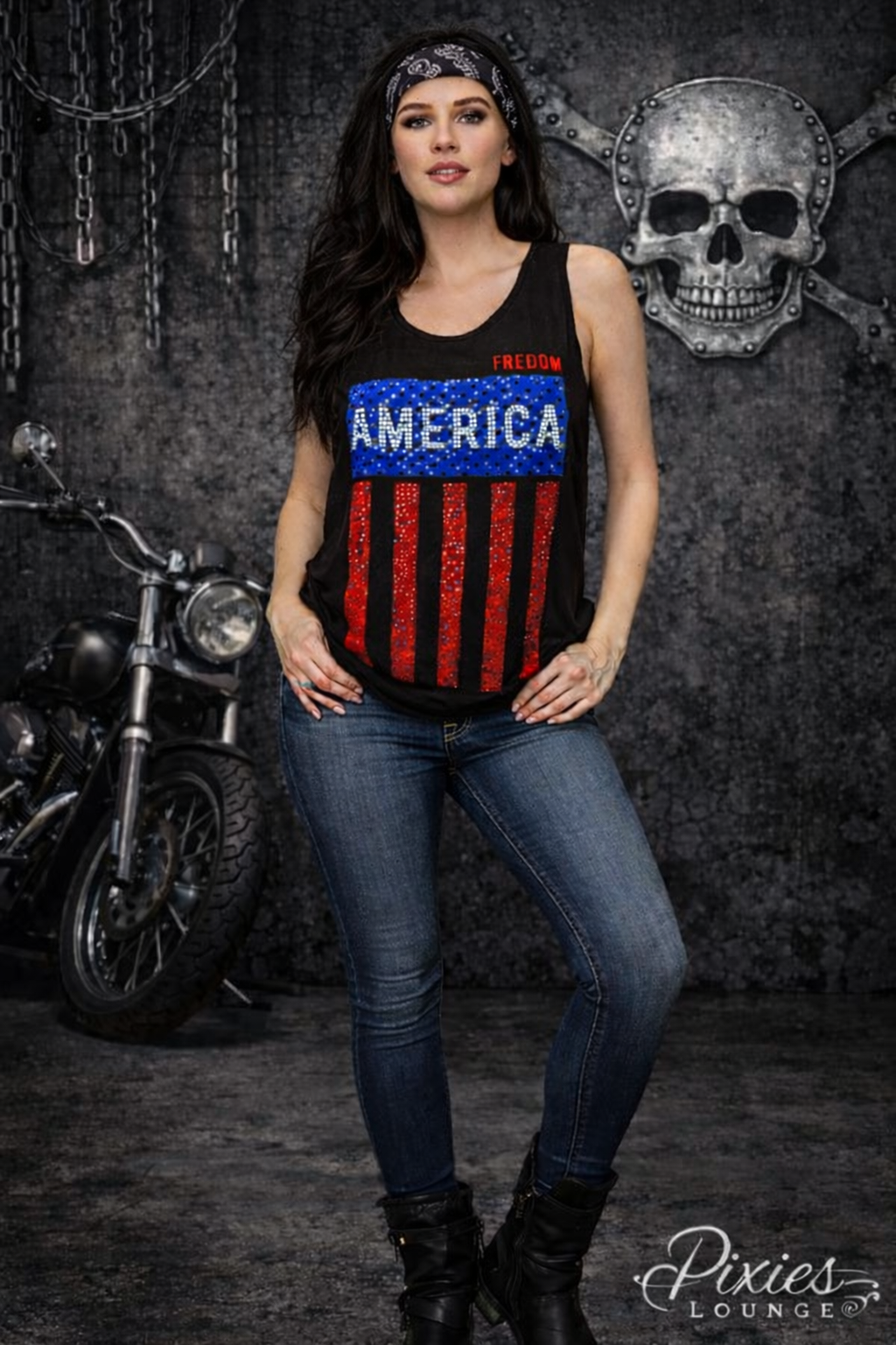 Vocal Women's Freedom Rhinestone American Flag Tank – Biker Glam Patriotic Top