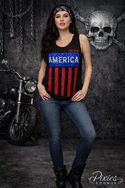 Vocal Women's Freedom Rhinestone American Flag Tank – Biker Glam Patriotic Top
