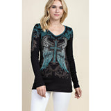 Vocal Angel and Cross Long Sleeve Contrast Top