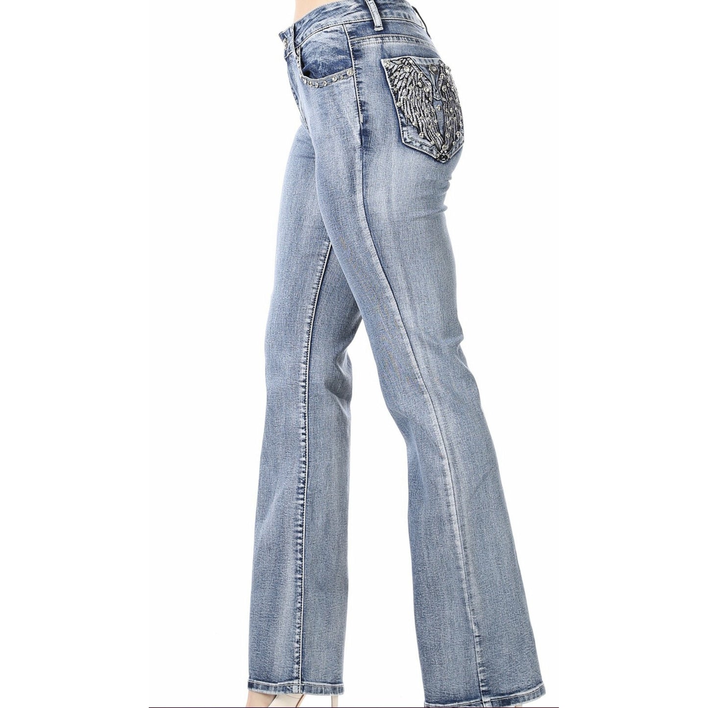 Platinum Plush Wing Stitched Rhinestone Jeans