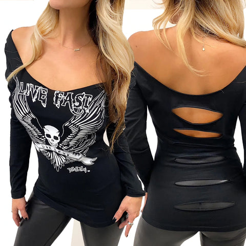 Live Fast Boatneck Cut Out Biker LS Top