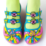 Hot chocolate shoes,chocolaticas, unique shoes, funky, mushrooms, eyes