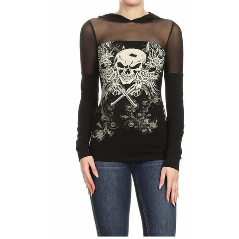 Sudadera con capucha de calavera de manga larga con cubierta de malla