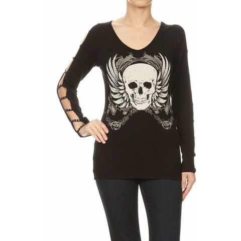 Winged Skull Rhinestone Open Long Sleeve Top